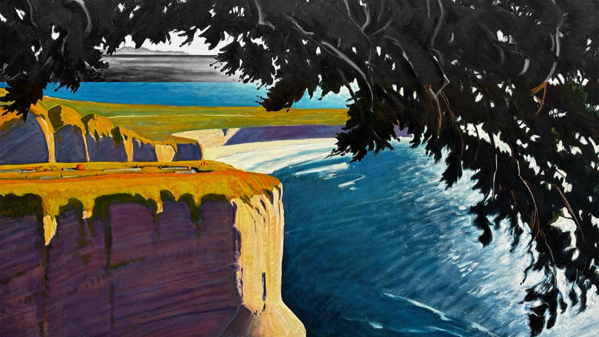 Painting of yellow cliffs overlooking a blue ocean, with a tree canopy in the upper foreground.