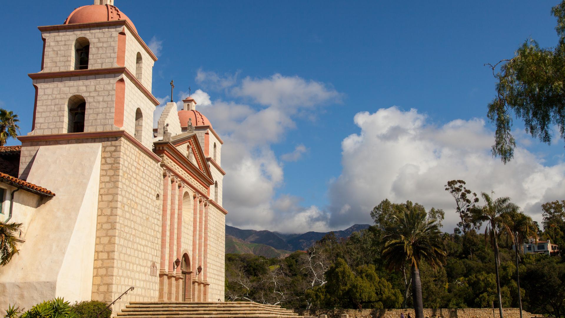santa barbara mission with mountains