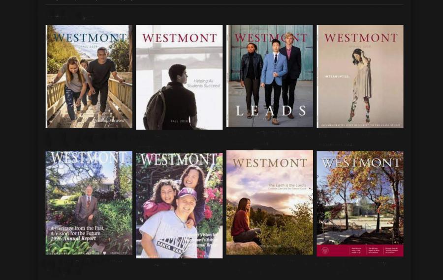 Collection of past Westmont Magazine covers on a black background.